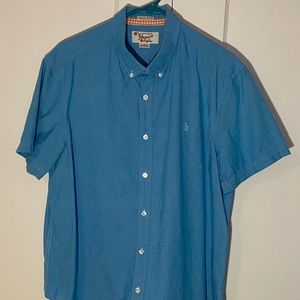 Original Penguin Men's Heritage Slim Fit Blue Short Sleeved Button Down Shirt XL